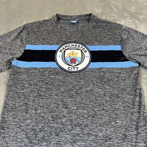 Manchester City Shirt Mens XL Gray Blue Soccer Short Sleeve Heather Stripe Crest